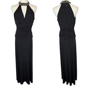 Cachet Ruched Beaded Sequin Halter Maxi Dress Black with Cut Out size 6